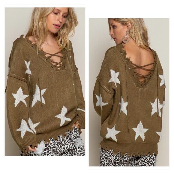 𝅺pol Boho Sweater w/ Tattered Edges & Lace-Up Front/Back - Picture 1 of 11
